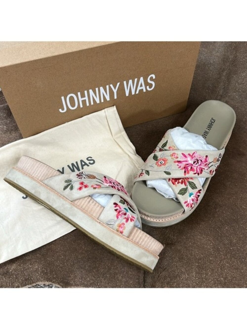 Johnny Was Jenna X Band Sandal Sueded Flatform Embroidered Slides